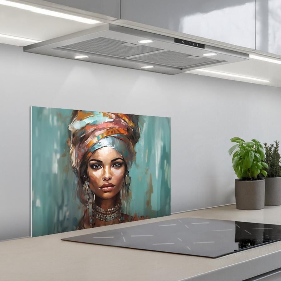 KitchenYeah Spatscherm 60x45 cm Zelfklevende achterwand Vrouw Kunst Sieraden Portret Keuken muurbeschermer Spatwand fornuis