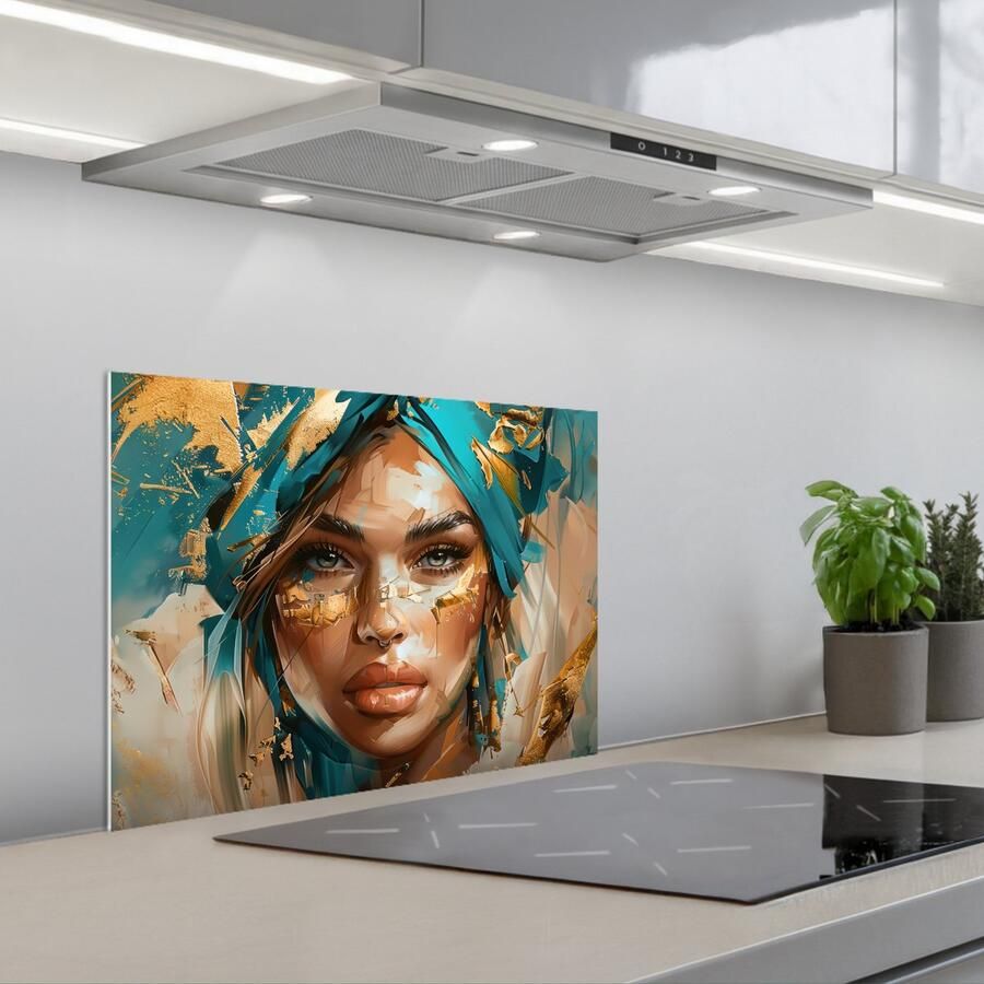 KitchenYeah Spatscherm 60x45 cm Zelfklevende achterwand Vrouw Portret Goud Luxe Blauw Keuken muurbeschermer Spatwand fornuis