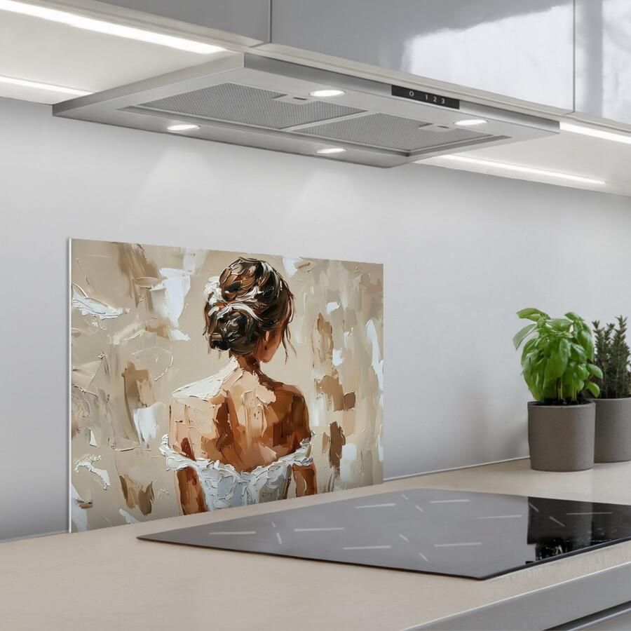 KitchenYeah Spatscherm 60x45 cm Zelfklevende achterwand Vrouw Verf Abstract Beige Modern Keuken muurbeschermer Spatwand fornuis