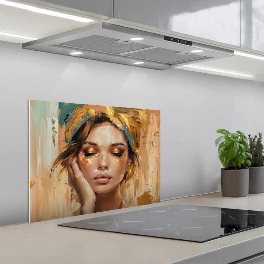 KitchenYeah Spatscherm 60x45 cm Zelfklevende achterwand Vrouwen Portret Luxe Goud Keuken muurbeschermer Spatwand fornuis