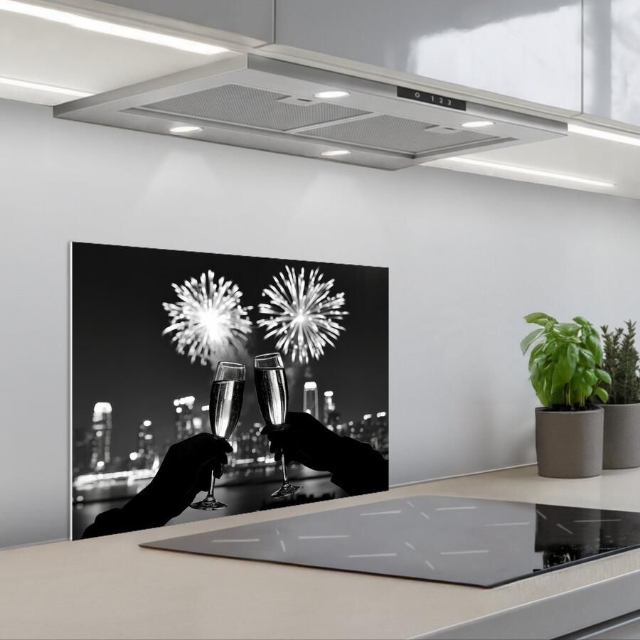 KitchenYeah Spatscherm 60x45 cm Zelfklevende achterwand Vuurwerk Proosten Skyline Champagne Keuken muurbeschermer Spatwand fornuis