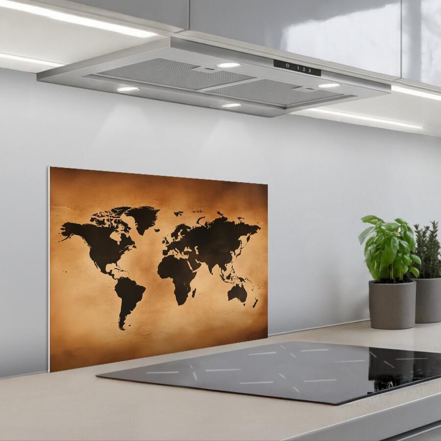 KitchenYeah Spatscherm 60x45 cm Zelfklevende achterwand Wereldkaart Bruin Kaart Keuken muurbeschermer Spatwand fornuis - Foto 1