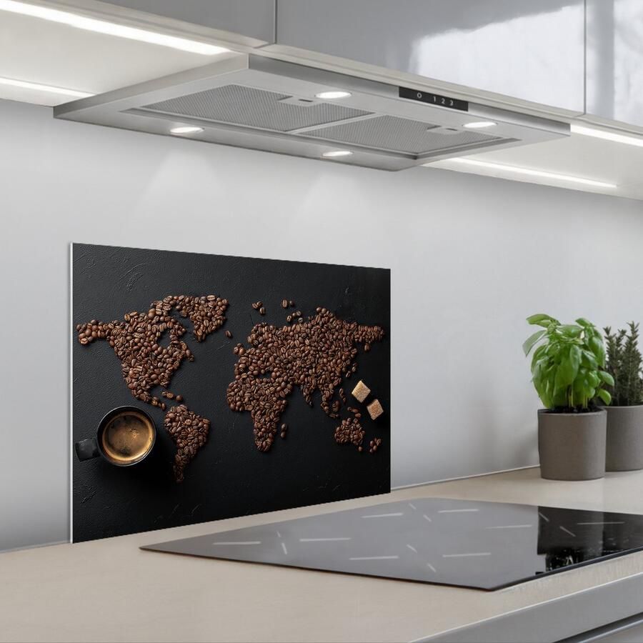 KitchenYeah Spatscherm 60x45 cm Zelfklevende achterwand Wereldkaart Espresso Zwart Keuken muurbeschermer Spatwand fornuis