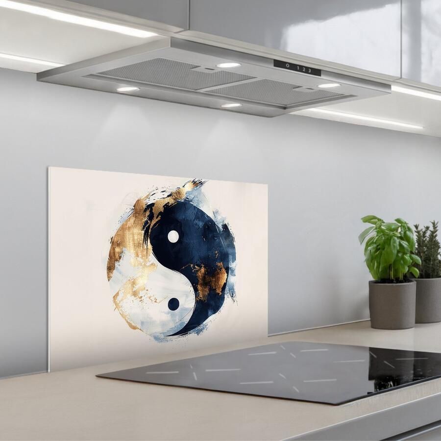KitchenYeah Spatscherm 60x45 cm Zelfklevende achterwand Yin Yang Abstract Zwart Wit Goud Keuken muurbeschermer Spatwand fornuis