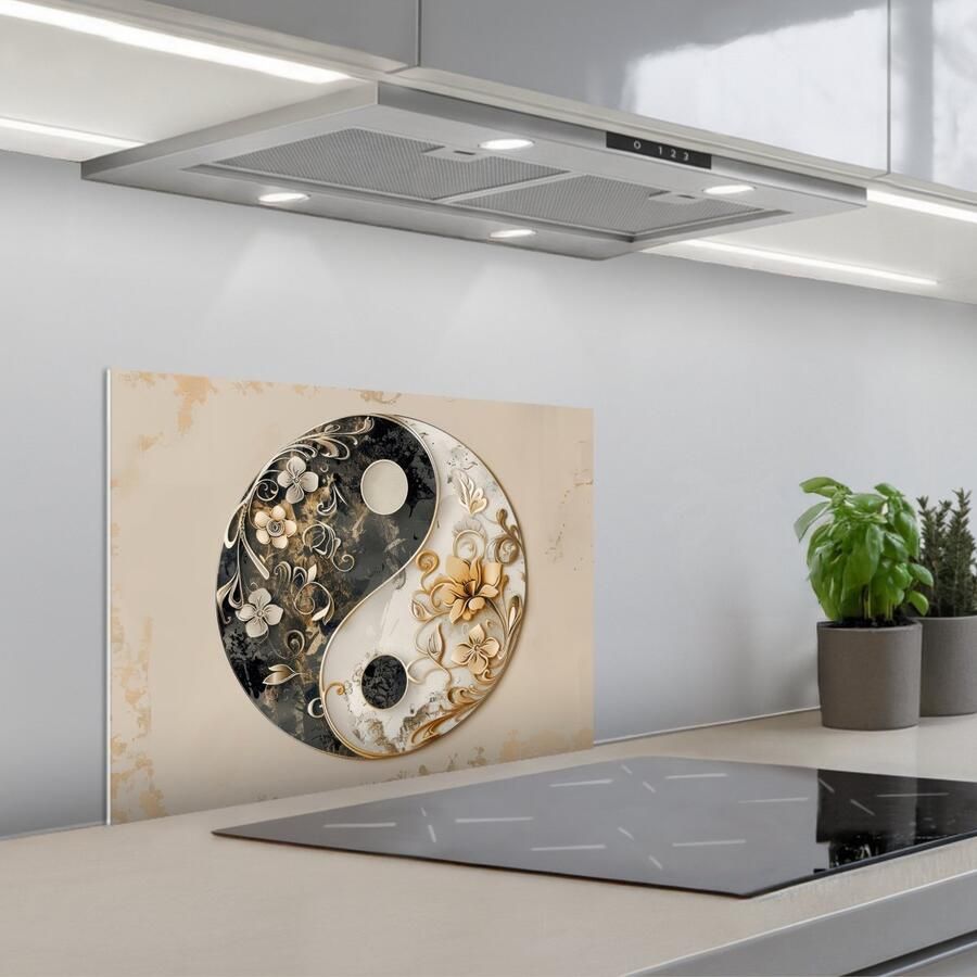 KitchenYeah Spatscherm 60x45 cm Zelfklevende achterwand Yin Yang Bloemen Zwart Wit Vintage Keuken muurbeschermer Spatwand fornuis