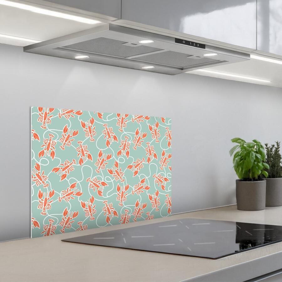 KitchenYeah Spatscherm 60x45 cm Zelfklevende achterwand Zee Kreeft Groen Oranje Keuken muurbeschermer Spatwand fornuis