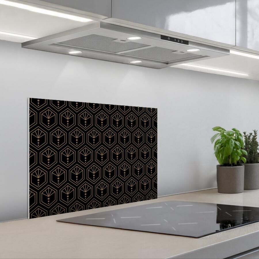 KitchenYeah Spatscherm 60x45 cm Zelfklevende achterwand Zonnestraal Zwart Goud Stippen Keuken muurbeschermer Spatwand fornuis