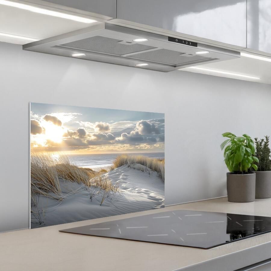 KitchenYeah Spatscherm 60x45 cm Zelfklevende achterwand Zonsondergang Duinen Planten Natuur Strand Keuken muurbeschermer Spatwand fornuis