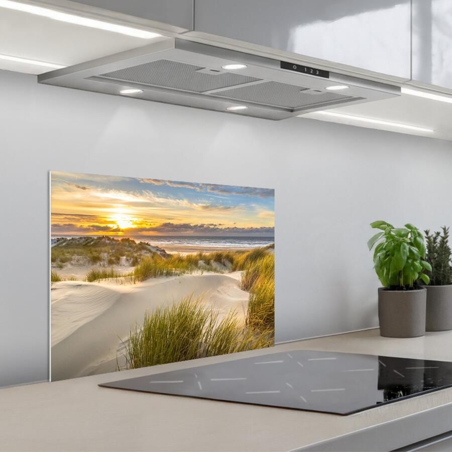 KitchenYeah Spatscherm 60x45 cm Zelfklevende achterwand Zonsondergang Duinen Strand Landschap Keuken muurbeschermer Spatwand fornuis