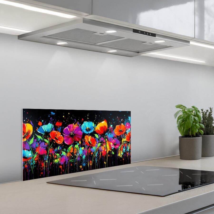 KitchenYeah Spatscherm 60x30 cm Zelfklevende achterwand Bloemen Kleurrijk Spetters Keuken muurbeschermer Spatwand fornuis