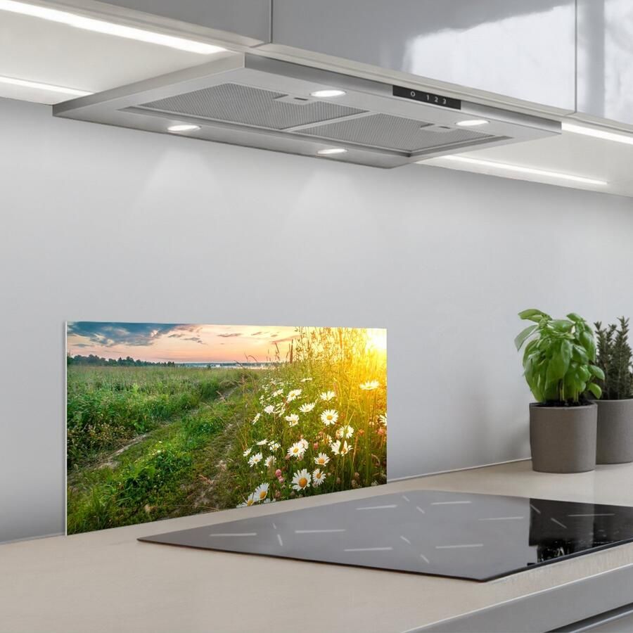 KitchenYeah Spatscherm 60x30 cm Zelfklevende achterwand Bloemen Madelief Natuur Zon Horizon Keuken muurbeschermer Spatwand fornuis