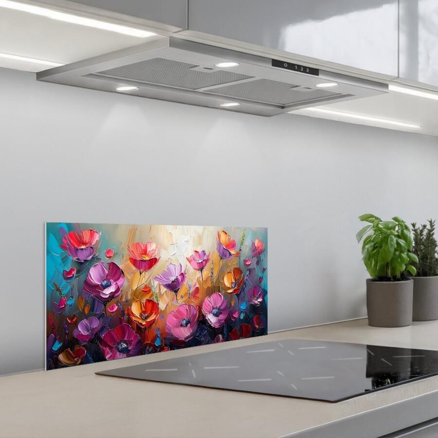 KitchenYeah Spatscherm 70x30 cm Zelfklevende achterwand Bloemen Paars Kleurrijk Handgeschilderd Kunst Keuken muurbeschermer Spatwand fornuis