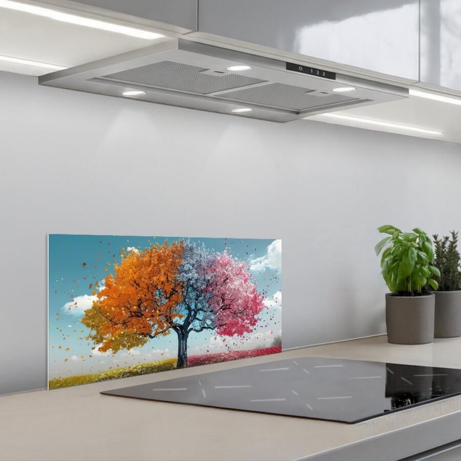 KitchenYeah Spatscherm 70x30 cm Zelfklevende achterwand Boom Kleurrijk Natuur Levensboom Keuken muurbeschermer Spatwand fornuis
