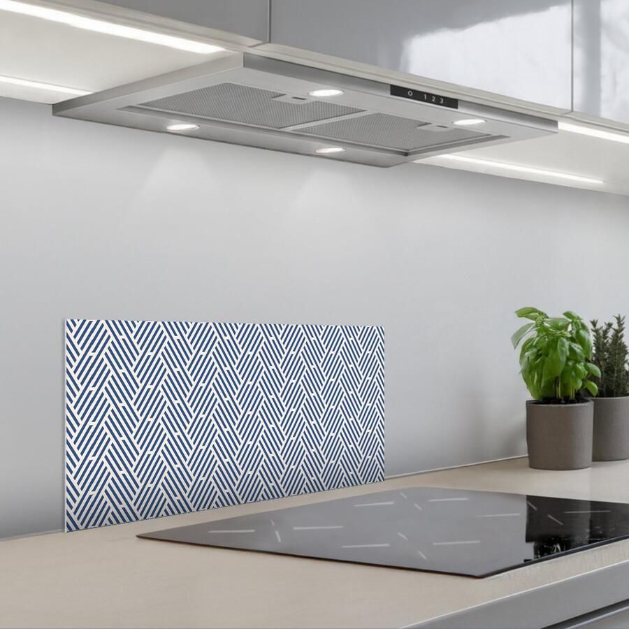 KitchenYeah Spatscherm 60x30 cm Zelfklevende achterwand Crème Blauw Strepen Patroon Keuken muurbeschermer Spatwand fornuis