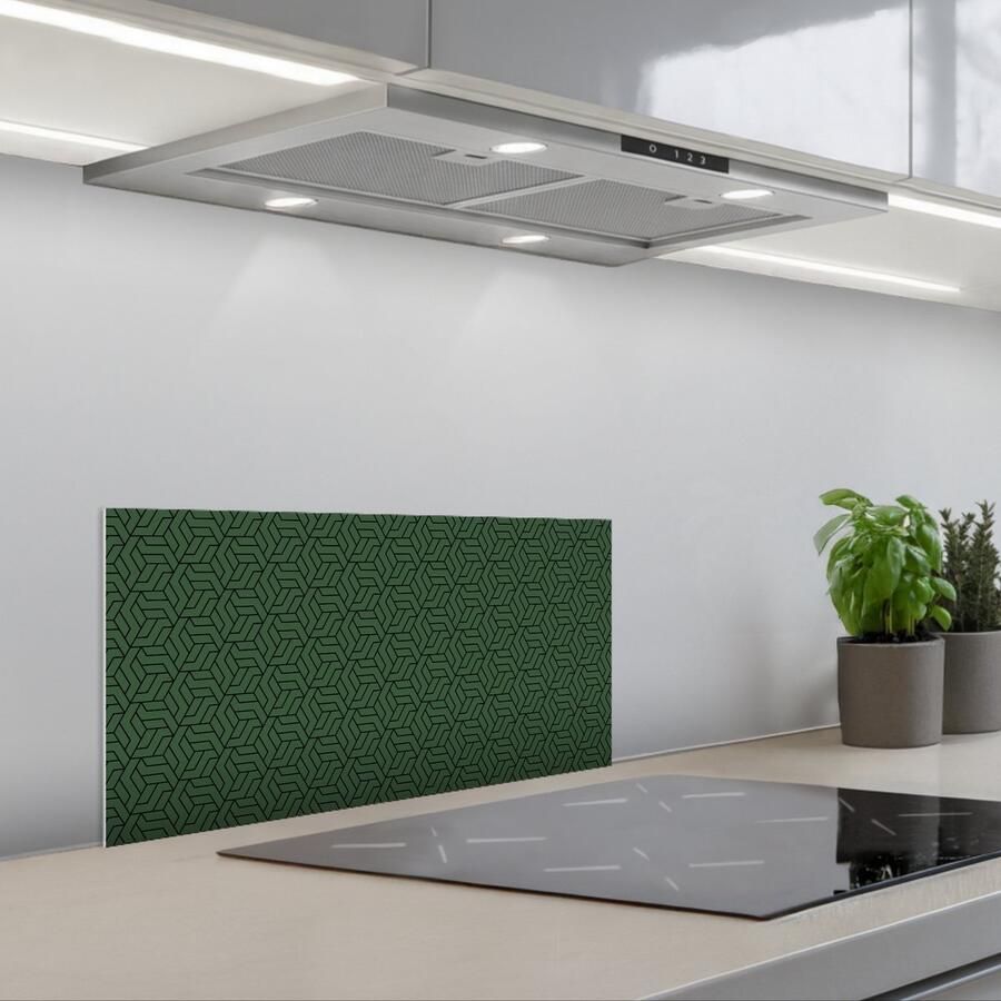 KitchenYeah Spatscherm 60x30 cm Zelfklevende achterwand Donkergroen Patroon Lijnen Zwart Keuken muurbeschermer Spatwand fornuis