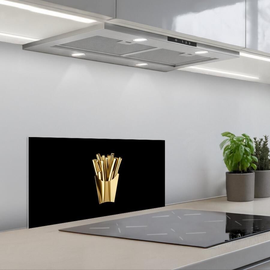 KitchenYeah Spatscherm 70x30 cm Zelfklevende achterwand Friet Goud Chrome Eten Keuken muurbeschermer Spatwand fornuis