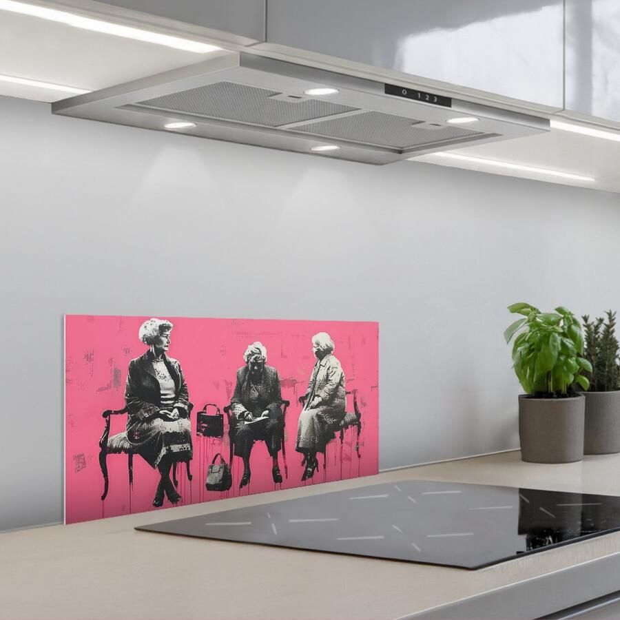 KitchenYeah Spatscherm 60x30 cm Zelfklevende achterwand Graffiti Roze Street art Vrouwen Keuken muurbeschermer Spatwand fornuis