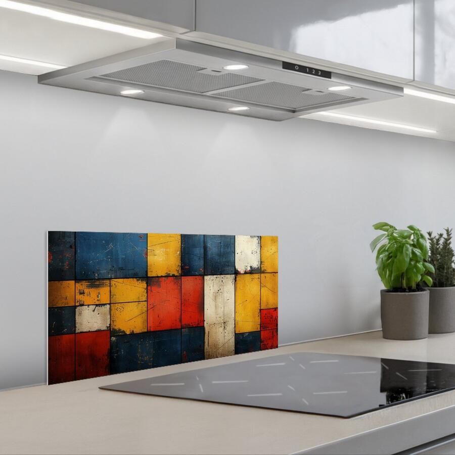 KitchenYeah Spatscherm 70x30 cm Zelfklevende achterwand Mondriaan stijl Kunst Kleurrijk Modern Keuken muurbeschermer Spatwand fornuis
