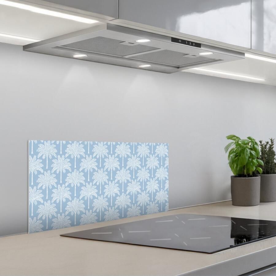 KitchenYeah Spatscherm 70x30 cm Zelfklevende achterwand Palmboom Modern Blauw Keuken muurbeschermer Spatwand fornuis