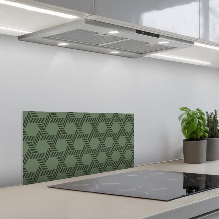 KitchenYeah Spatscherm 70x30 cm Zelfklevende achterwand Patroon Groen Geometrisch Keuken muurbeschermer Spatwand fornuis