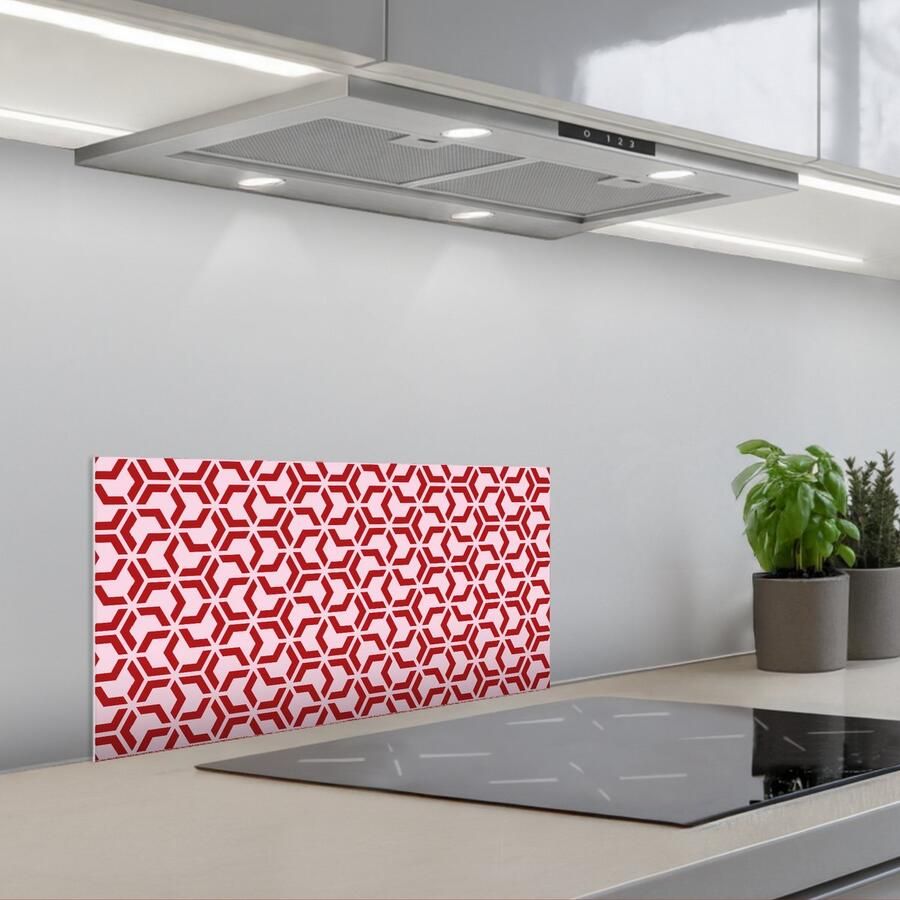 KitchenYeah Spatscherm 60x30 cm Zelfklevende achterwand Roze Rood Geometrisch Patroon Keuken muurbeschermer Spatwand fornuis