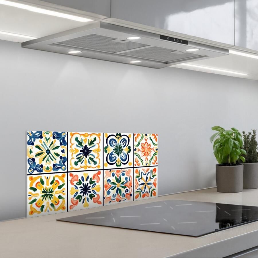 KitchenYeah Spatscherm 70x30 cm Zelfklevende achterwand Spaans Tegels Keramiek Bloemen Keuken muurbeschermer Spatwand fornuis