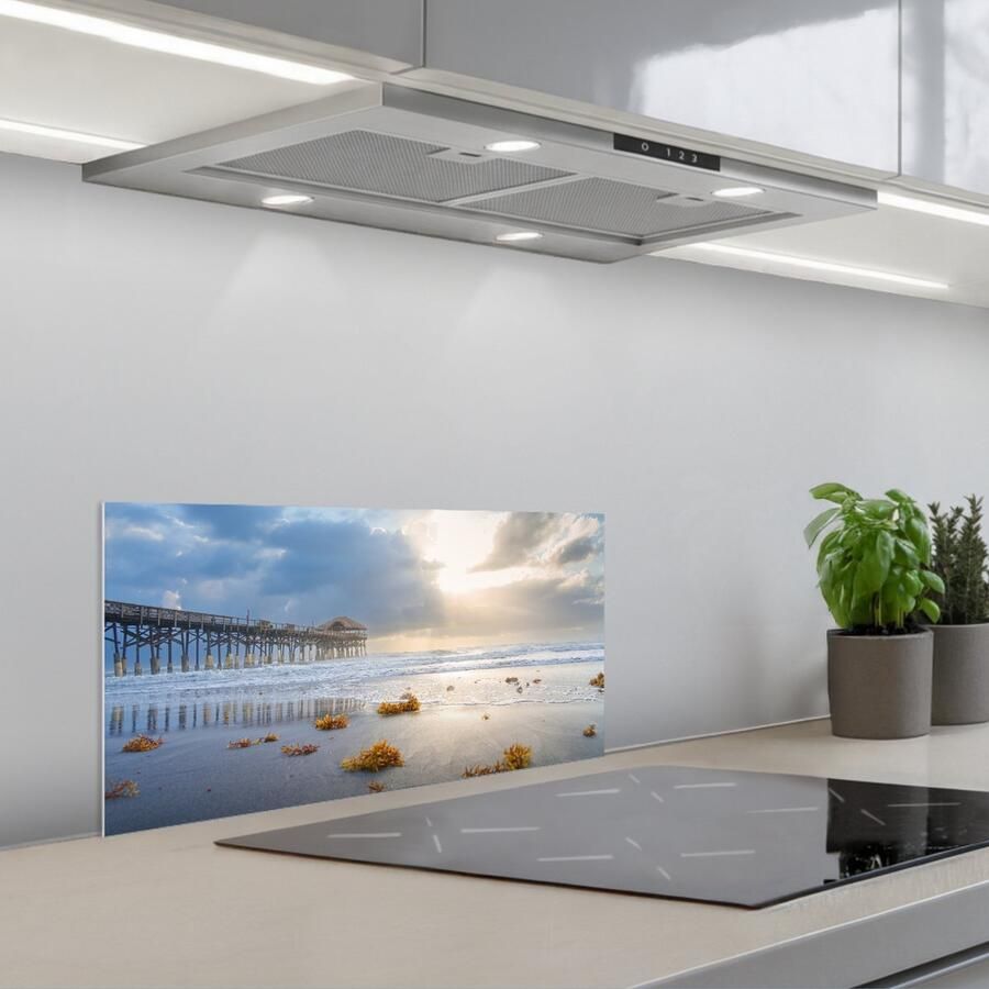 KitchenYeah Spatscherm 60x30 cm Zelfklevende achterwand Strand Pier Zeewier Zee Zomer Keuken muurbeschermer Spatwand fornuis