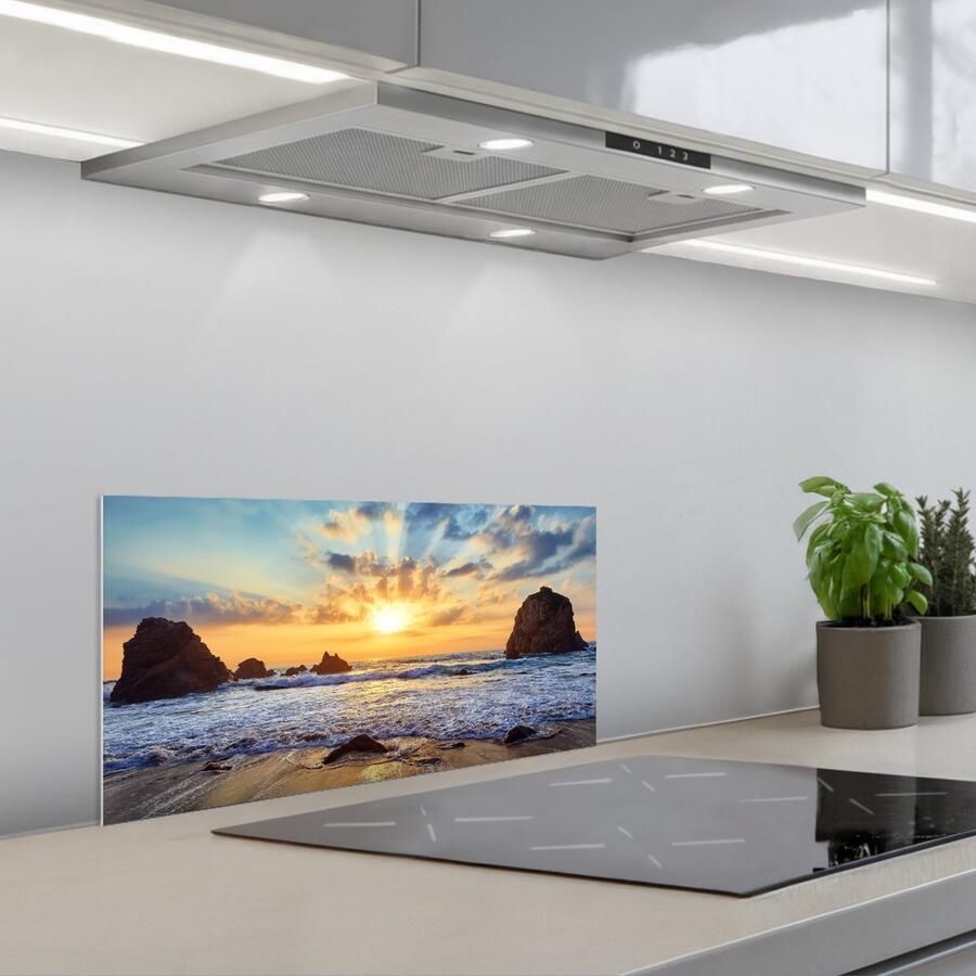 KitchenYeah Spatscherm 70x30 cm Zelfklevende achterwand Strand Zonsondergang Natuur Zee Landschap Keuken muurbeschermer Spatwand fornuis