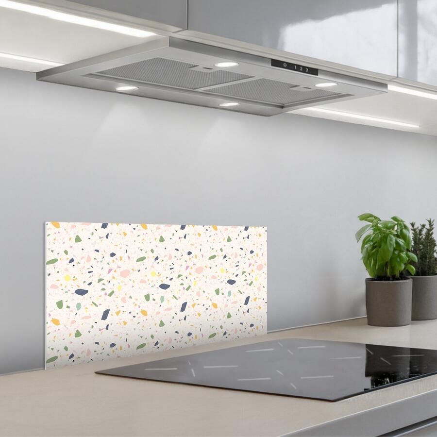 KitchenYeah Spatscherm 70x30 cm Zelfklevende achterwand Terrazzo Patroon Kleurrijk Festival Keuken muurbeschermer Spatwand fornuis