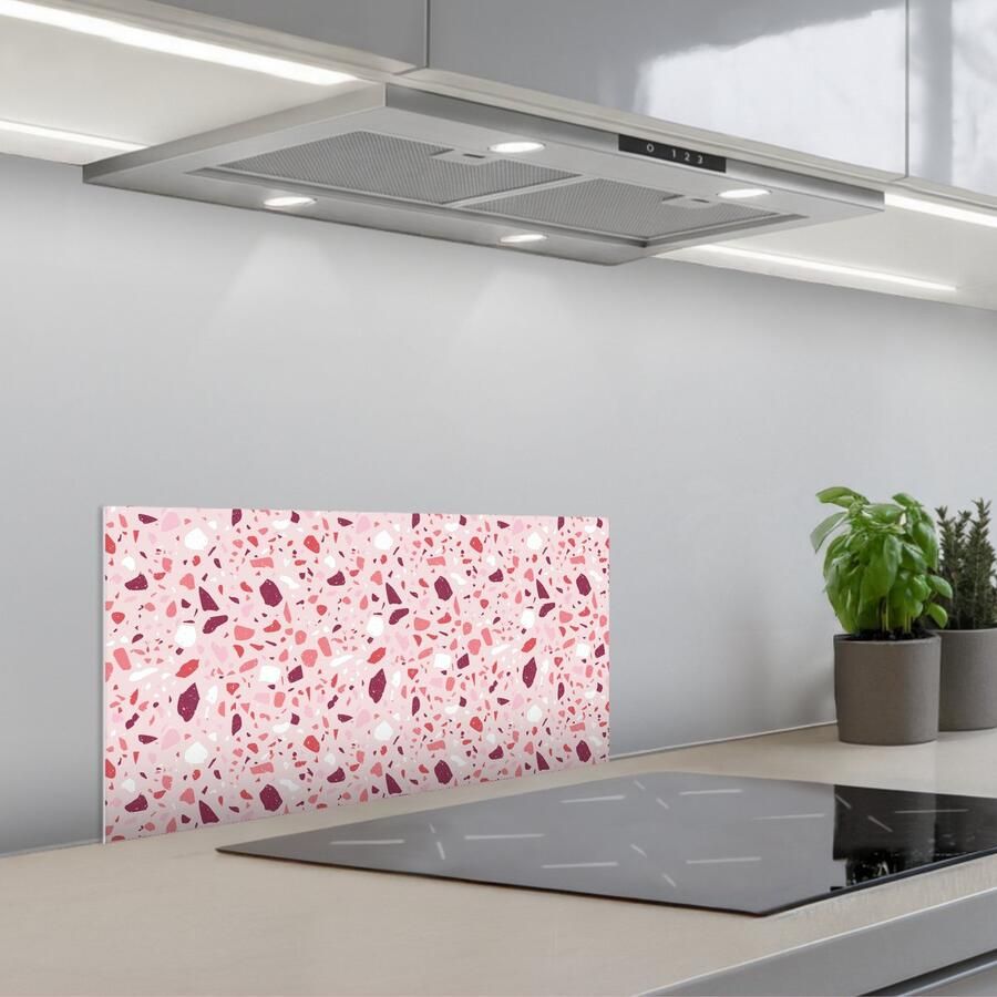 KitchenYeah Spatscherm 70x30 cm Zelfklevende achterwand Terrazzo Patroon Roze Keuken muurbeschermer Spatwand fornuis