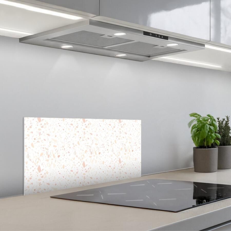 KitchenYeah Spatscherm 60x30 cm Zelfklevende achterwand Terrazzo Patroon Wit Perzik Keuken muurbeschermer Spatwand fornuis