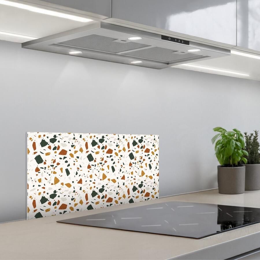 KitchenYeah Spatscherm 60x30 cm Zelfklevende achterwand Terrazzo Patroon Wit Terra Keuken muurbeschermer Spatwand fornuis
