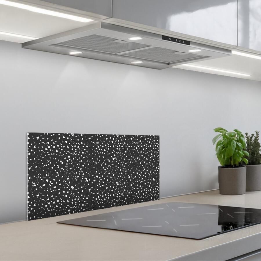 KitchenYeah Spatscherm 60x30 cm Zelfklevende achterwand Terrazzo Patroon Zwart Wit Keuken muurbeschermer Spatwand fornuis