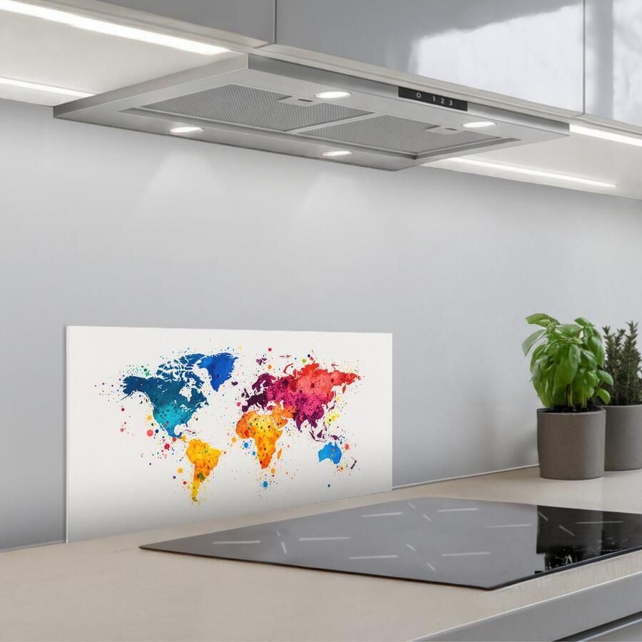 KitchenYeah Spatscherm 60x30 cm Zelfklevende achterwand Wereldkaart Graffiti Kleurrijk Keuken muurbeschermer Spatwand fornuis