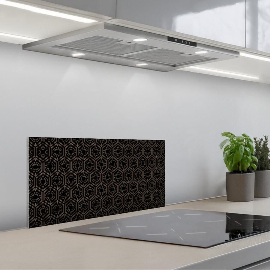 KitchenYeah Spatscherm 60x30 cm Zelfklevende achterwand Zwart Goud Bloemenkern Keuken muurbeschermer Spatwand fornuis