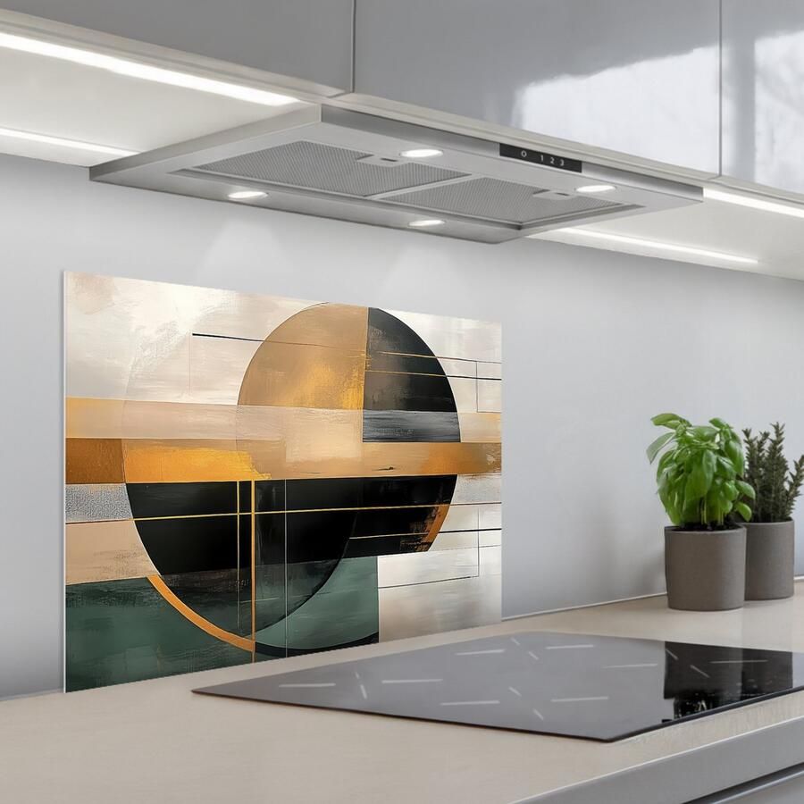 KitchenYeah Spatscherm 70x50 cm Zelfklevende achterwand Abstract Goud Brons Groen Vormen Modern Keuken muurbeschermer Spatwand fornuis