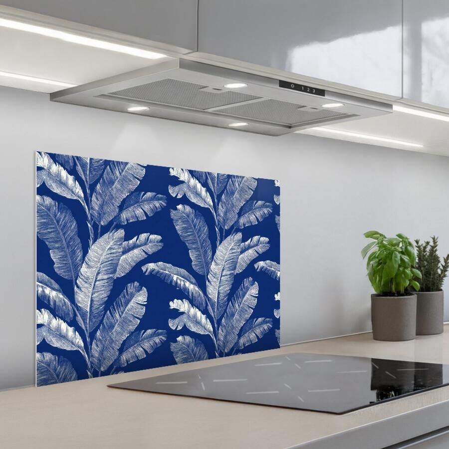 KitchenYeah Spatscherm 70x55 cm Zelfklevende achterwand Blad Palm Blauw Keuken muurbeschermer Spatwand fornuis