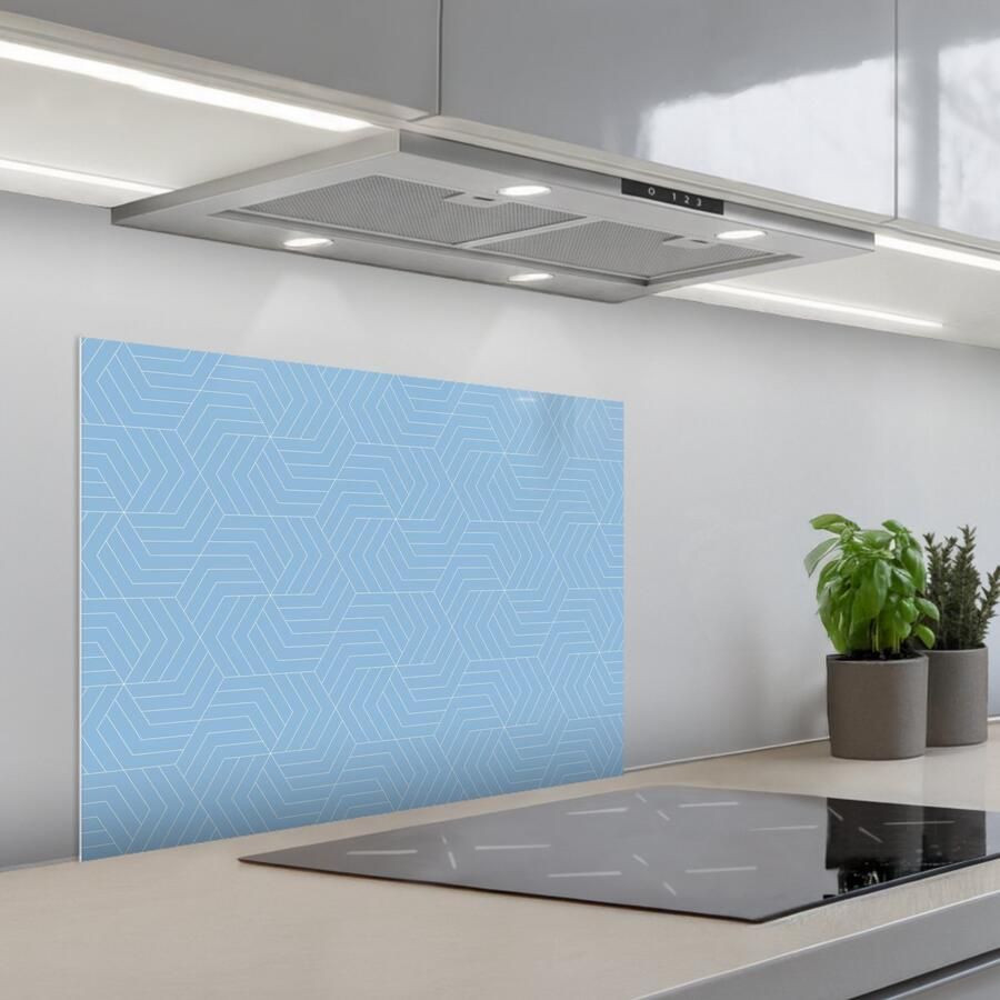 KitchenYeah Spatscherm 70x55 cm Zelfklevende achterwand Blauw Wit Lijnen Patroon Keuken muurbeschermer Spatwand fornuis
