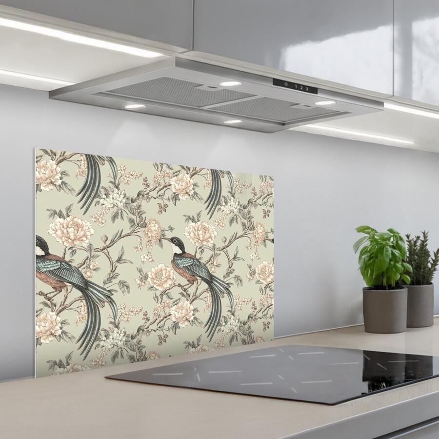 KitchenYeah Spatscherm 70x50 cm Zelfklevende achterwand Bloem Vogel Kleurrijk Keuken muurbeschermer Spatwand fornuis