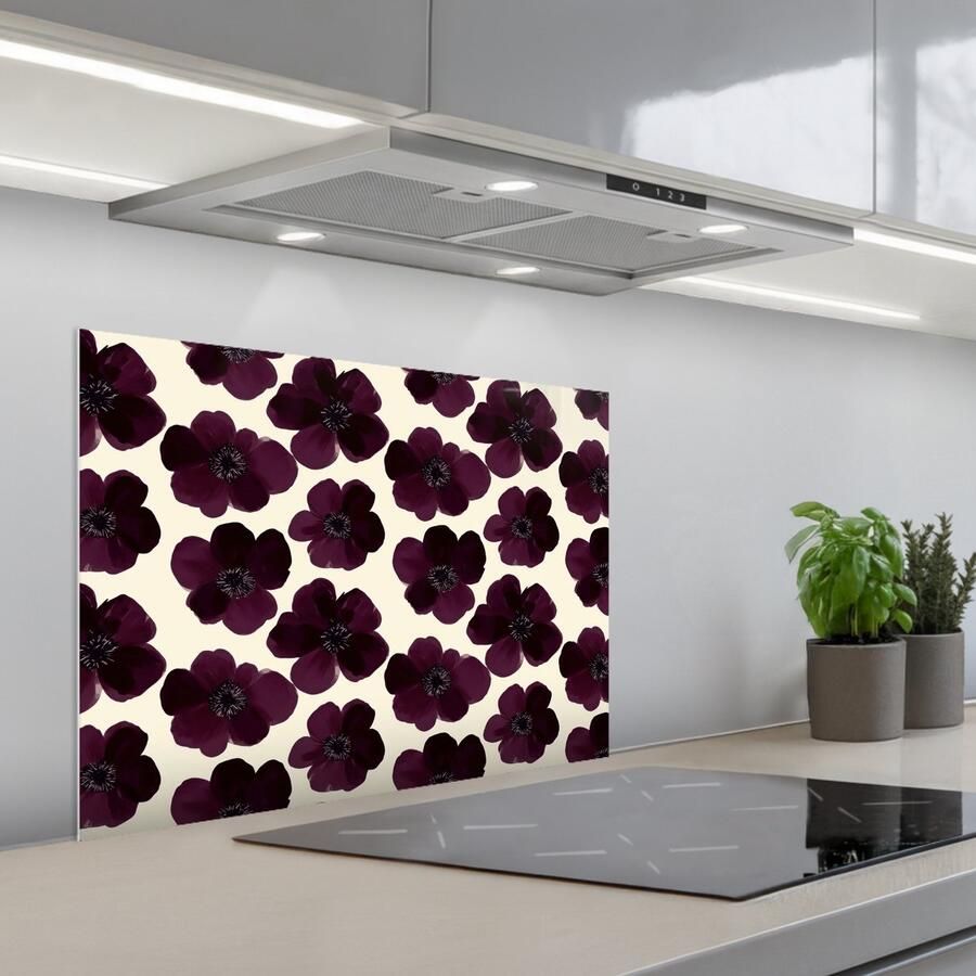 KitchenYeah Spatscherm 70x50 cm Zelfklevende achterwand Bloemen Aquarel Paars Keuken muurbeschermer Spatwand fornuis