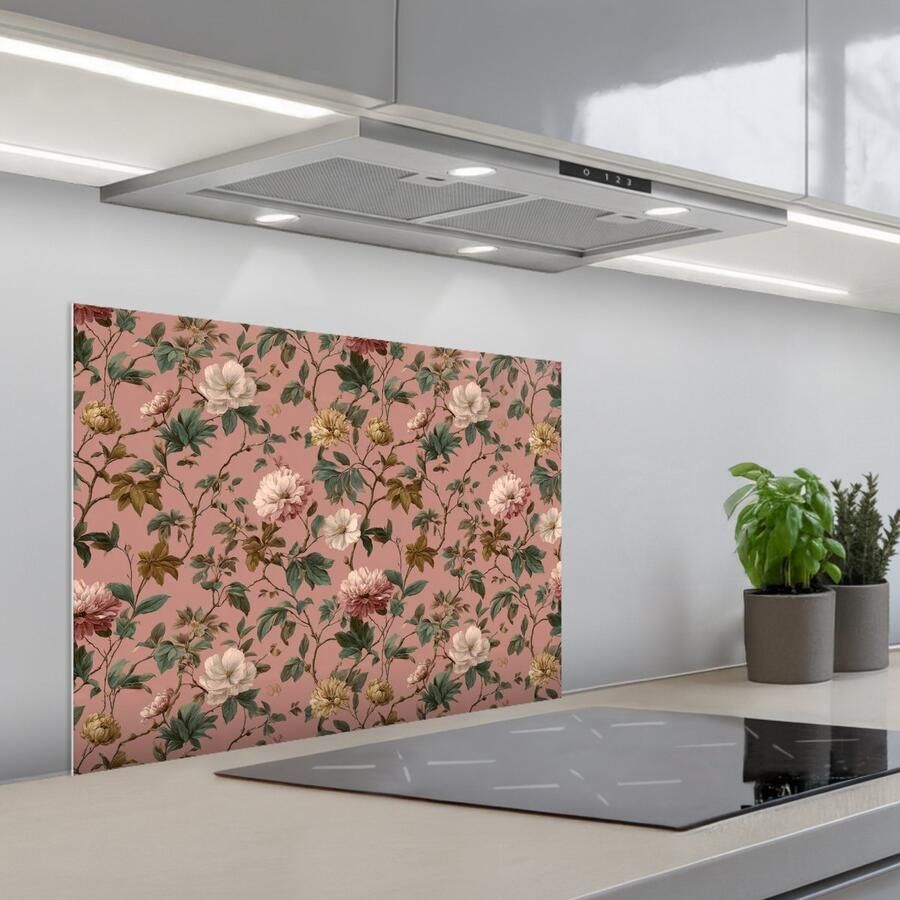 KitchenYeah Spatscherm 70x55 cm Zelfklevende achterwand Bloemen Klassiek Roze Keuken muurbeschermer Spatwand fornuis
