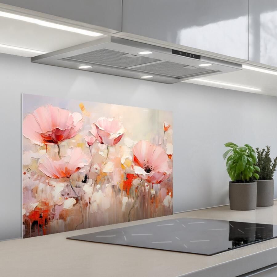 KitchenYeah Spatscherm 70x50 cm Zelfklevende achterwand Bloemen Watercolor Roze Abstract Kunst Keuken muurbeschermer Spatwand fornuis