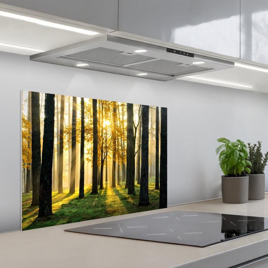 KitchenYeah Spatscherm 70x50 cm Zelfklevende achterwand Bos Zon Bomen Gras Landschap Natuur Keuken muurbeschermer Spatwand fornuis