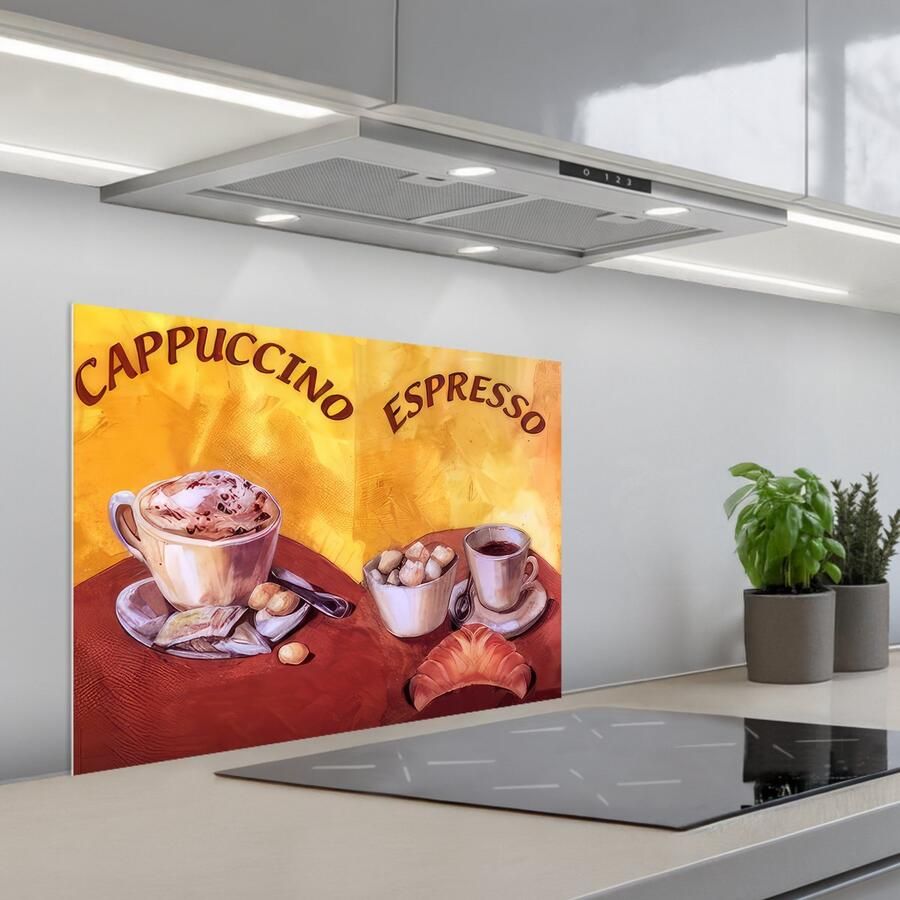 KitchenYeah Spatscherm 70x50 cm Zelfklevende achterwand Cappuccino Espresso Koffie Vintage Keuken muurbeschermer Spatwand fornuis
