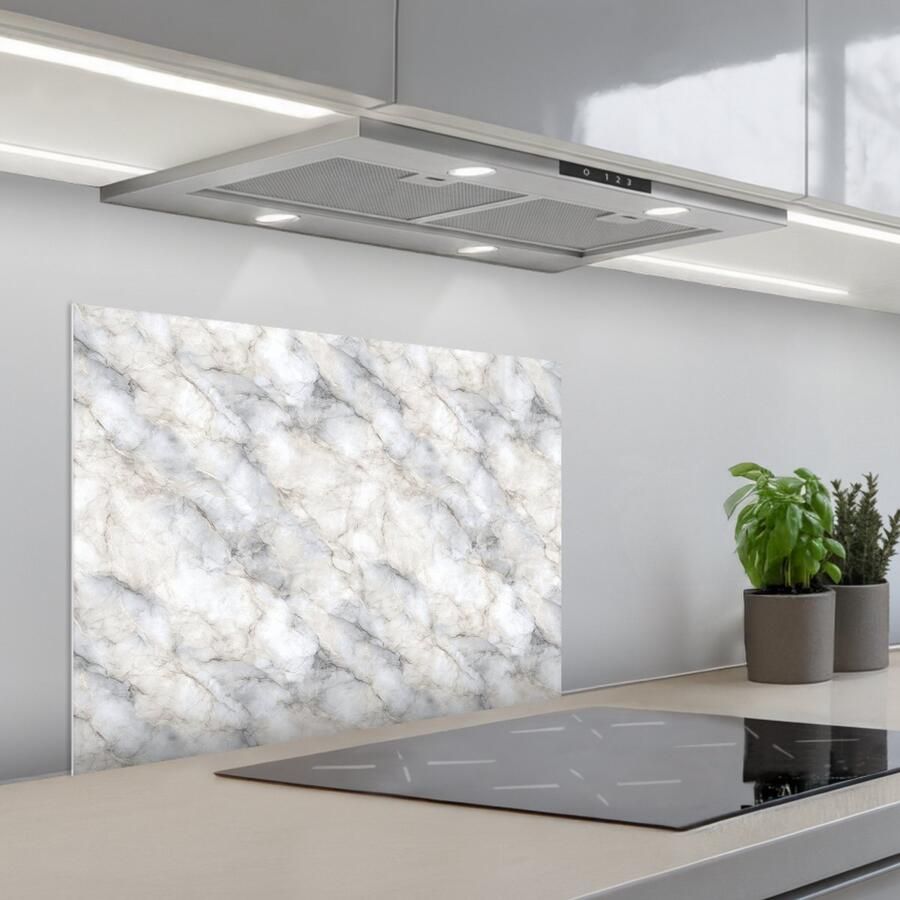 KitchenYeah Spatscherm 70x55 cm Zelfklevende achterwand Grijs Marmer print Gedetailleerd Keuken muurbeschermer Spatwand fornuis