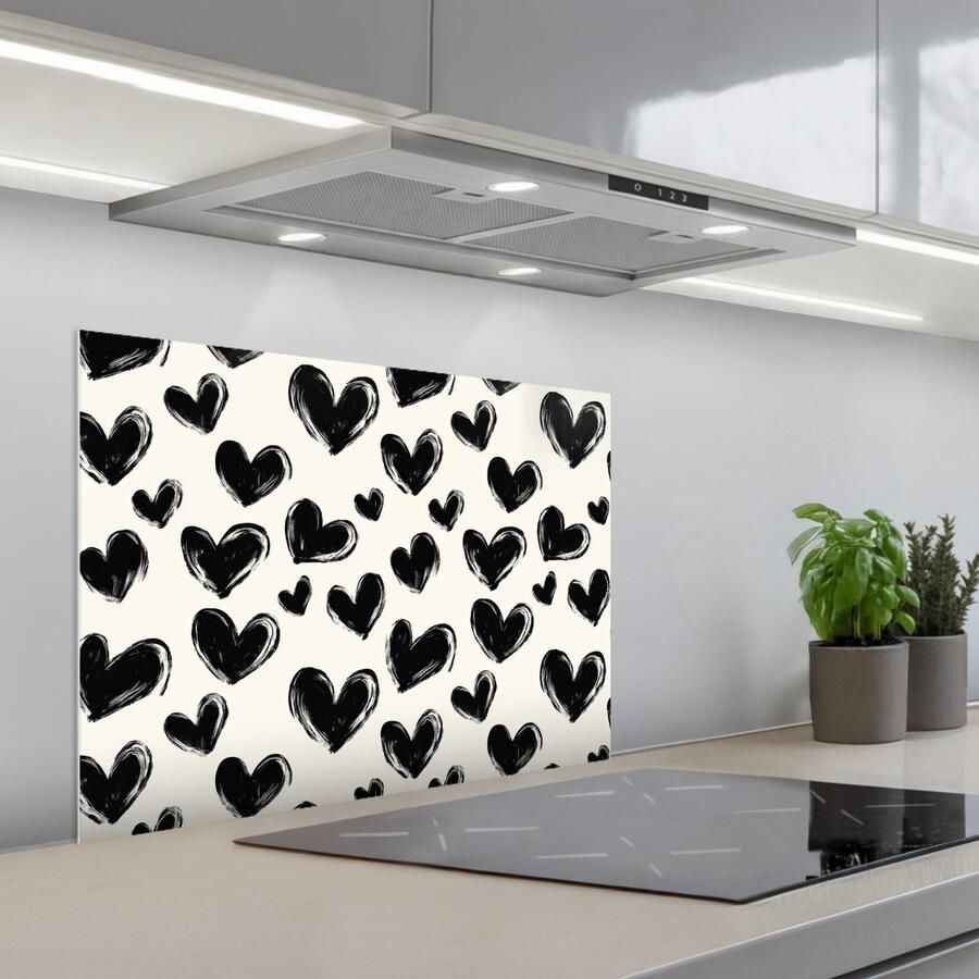 KitchenYeah Spatscherm 70x55 cm Zelfklevende achterwand Hartjes Patroon Zwart Keuken muurbeschermer Spatwand fornuis
