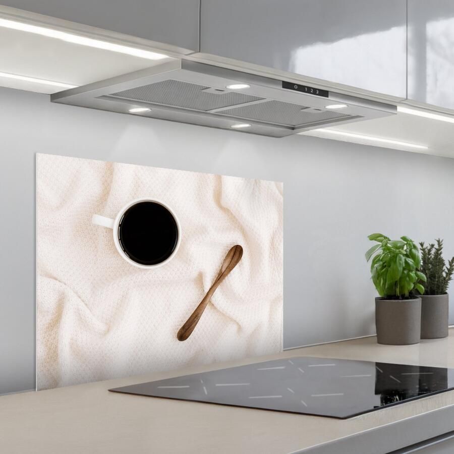 KitchenYeah Spatscherm 70x55 cm Zelfklevende achterwand Koffie Lepel Mok Keuken muurbeschermer Spatwand fornuis