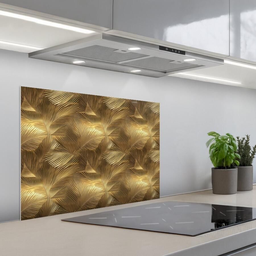 KitchenYeah Spatscherm 70x50 cm Zelfklevende achterwand Palm Waaier Goud Keuken muurbeschermer Spatwand fornuis