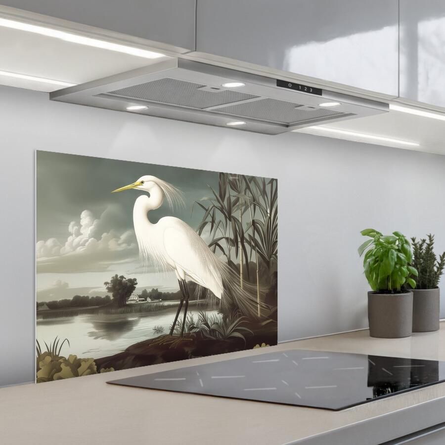 KitchenYeah Spatscherm 70x50 cm Zelfklevende achterwand Reiger Planten Wolken Wit Keuken muurbeschermer Spatwand fornuis