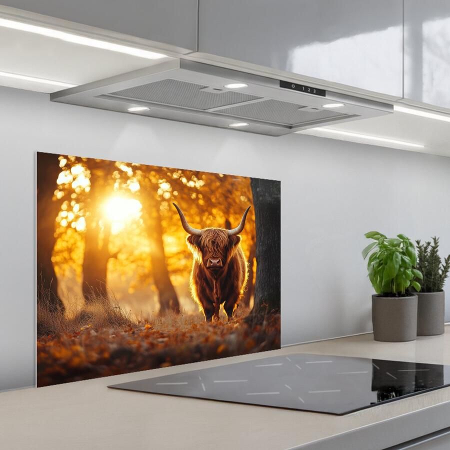 KitchenYeah Spatscherm 70x55 cm Zelfklevende achterwand Schotse hooglander Bos Herfst Dieren Natuur Bladeren Keuken muurbeschermer Spatwand fornuis